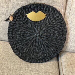 Clare V. Black Woven Circle Clutch Gold Lips Detail
